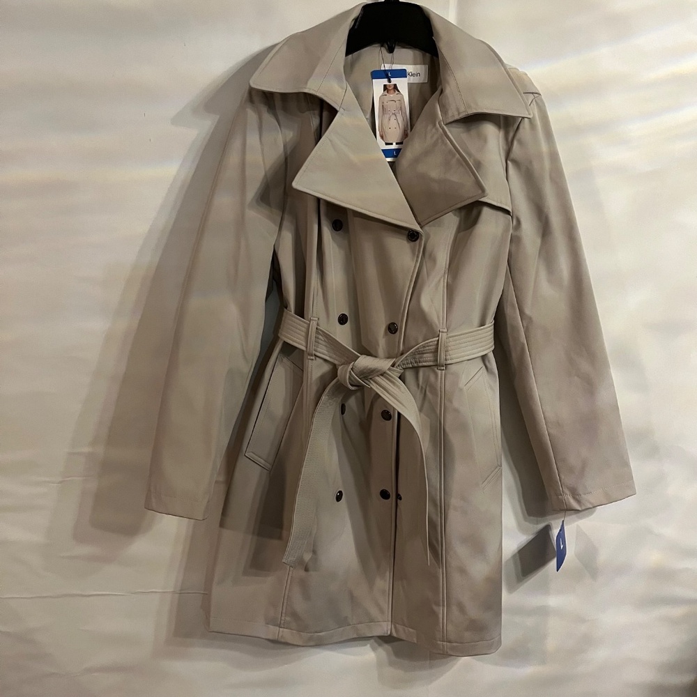 Calvin Klein Double Breast Trench Coat  hooded Oyster Color Size New with tags